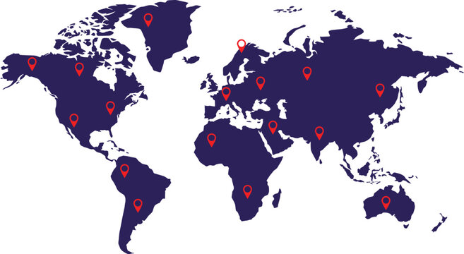 Global Destination Map with Red Location Pins, International Travel and GPS Navigation Concept