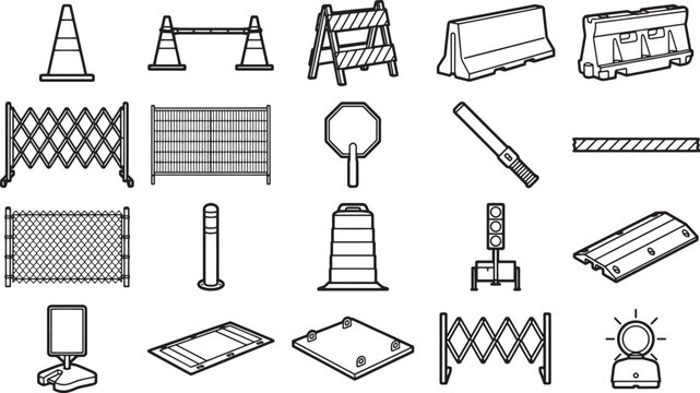 Line art illustration of a variety of essential road and traffic safety equipment, capturing safety, guidance, and organization in urban and construction environments.