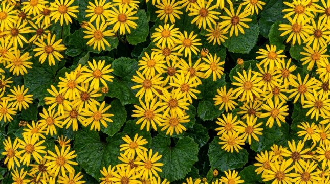 Vibrant cluster of yellow leopard's bane flowers blooming in a spring garden with dense green foliage. Top view of doronicum plant background.