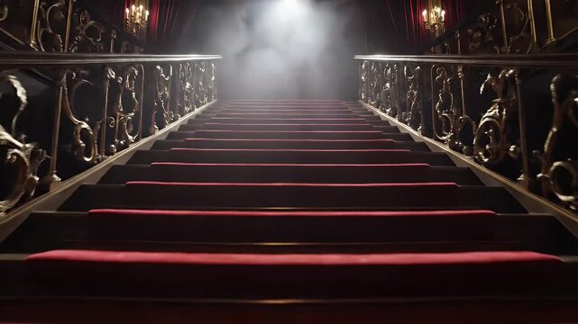 Luxurious red-carpet staircase in a grand theater with ornate gilded railings