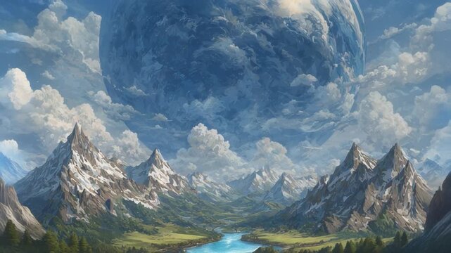 Dramatic landscape view of mountains valleys clouds and a large planet