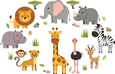 Obraz premium Cute African Safari Animals Collection with Lion, Elephant, Rhino, Zebra, Giraffe, Hippo, Monkey, Cheetah, Ostrich and Antelope Cartoon Vector Illustration Set.