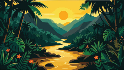 Flat Design Tropical River Valley Landscape at Sunset © Abdul Jaher