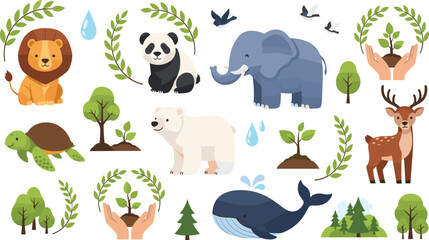Fototapeta premium Wildlife Conservation Concept Collection with Lion, Panda, Elephant, Turtle, Polar Bear, Deer, Whale and Trees Representing Nature Protection Vector Illustration Set.