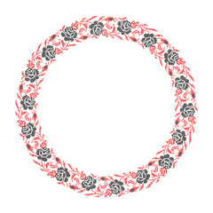 Fototapeta premium Ukrainian embroidery floral wreath vector illustration inspired by traditional vyshyvanka ornament. Decorative circular frame with red roses, branches and leaves created in cross stitch embroidery