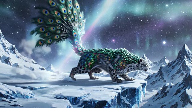 Majestic Arctic Dragon-Lizard Hybrid with Peacock Tail Roaming Icy Mountain Summit at Night Under the Northern Lights