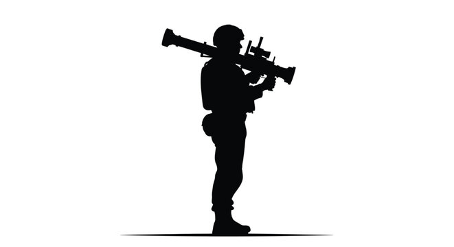 Soldier carrying weapon detailed profile view black and white silhouette