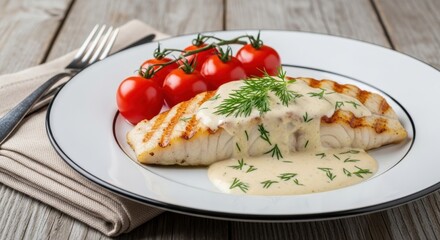 Flaky grilled fish fillet with creamy dill sauce and fresh cherry tomatoes served on a white plate