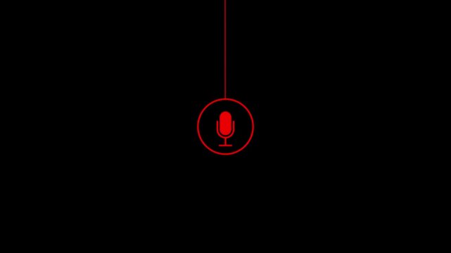 A minimalist displaying a red microphone within a red circle, suspended by a thin red vertical line against a solid black background