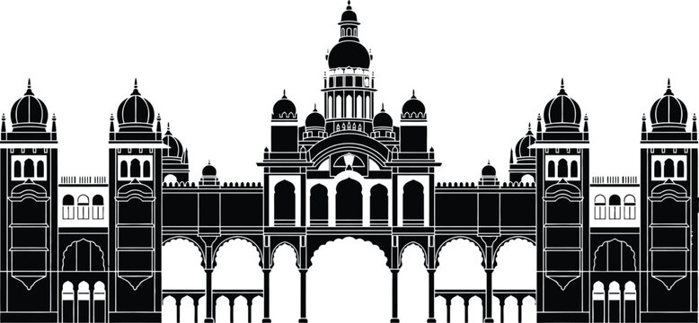 Detailed black silhouette of the majestic Mysore Palace in India showing intricate historical architecture with beautiful royal domes and grand arched entrances.