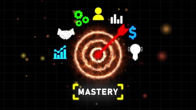 Business concept with target and icons representing mastery and goals arrow bullseye