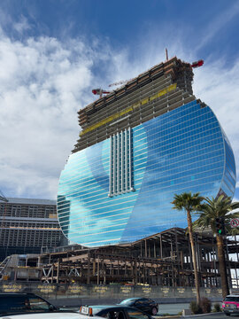 The new Hard Rock Hotel and Casino under construction with a signature guitar shaped tower on the Strip
