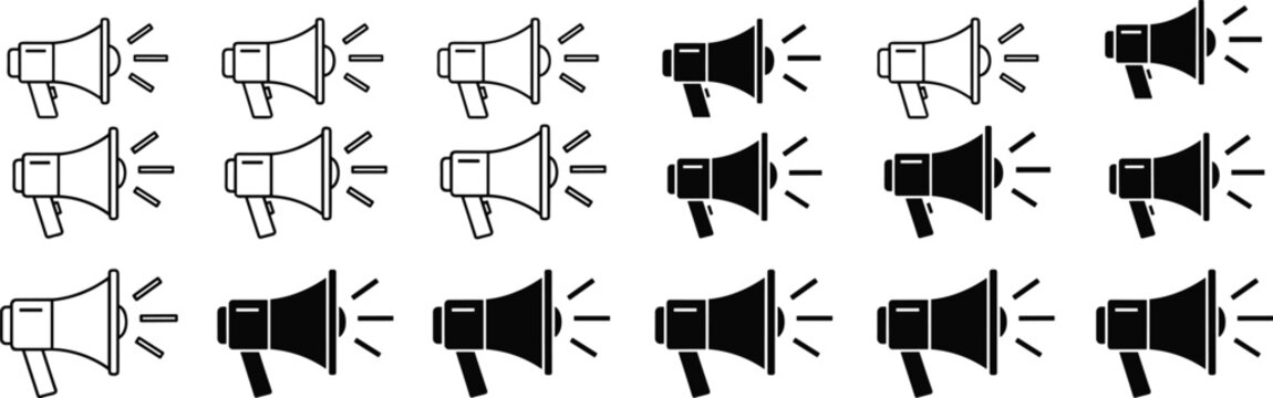 Vector collection of black minimalist speaker icons featuring sound volume levels and mute symbols for digital interface media player and audio control isolated on white background