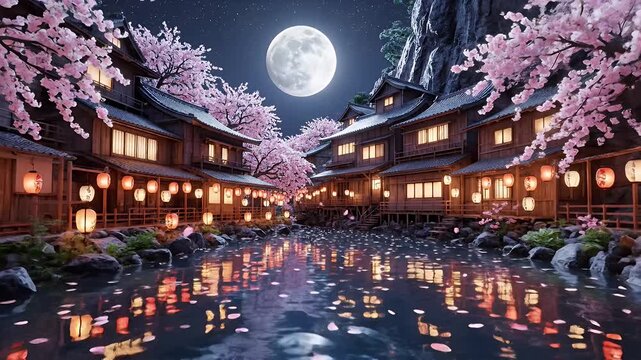 Moonlit Cherry Blossom Lane Along a Lantern-Lit Canal Village Street With Reflections