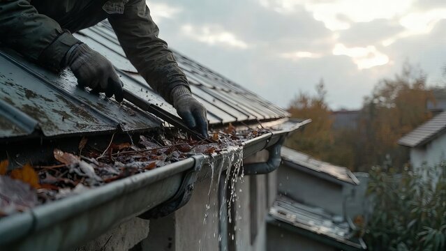 Worker carefully cleaning debris and wet leaves from clogged residential rooftop gutter system