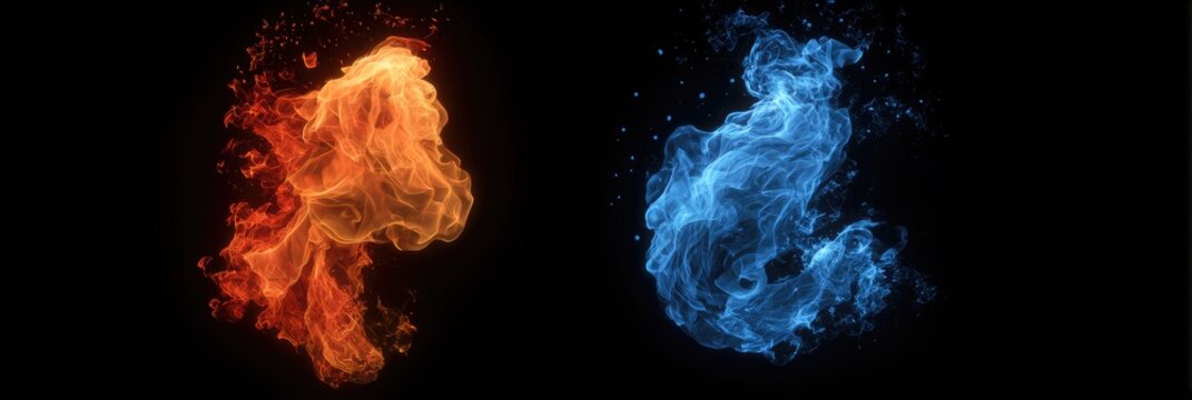 Contrasting fiery orange and icy blue flames swirl against darkness