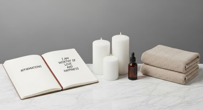 Serene spa setting with white pillar candles, aromatherapy oil, and a self-affirmation journal beside folded towels