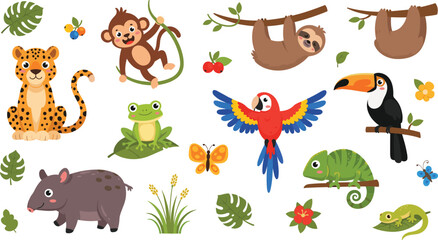 Fototapeta premium Cute Jungle Animals Illustration Set Featuring Monkey, Sloth, Leopard, Toucan, Parrot, Frog, Chameleon, and Tapir with Tropical Nature Elements.