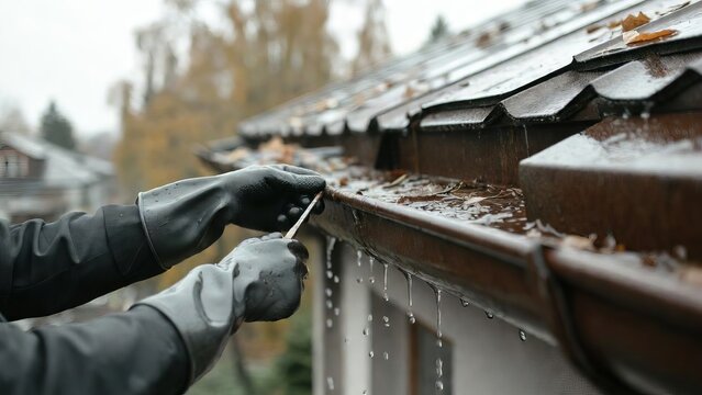 Person in protective gloves cleaning clogged rain gutter filled with autumn leaves and water