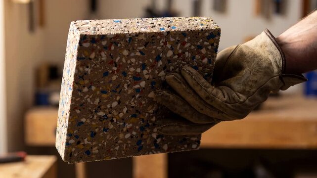 A person is holding a piece of wood with a blue and white pattern on it. The wood is rough and has a grainy texture. The person is wearing a leather glove and he is working on the wood