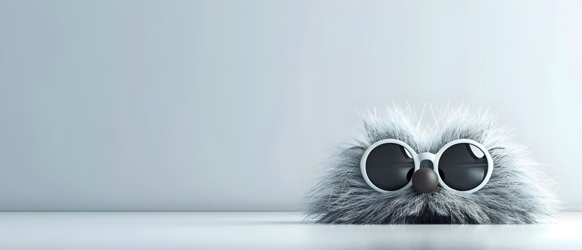 April Fools' Day funny fluffy monster character with sunglasses. Whimsical hairy creature prank concept with wide copy space on gray background.