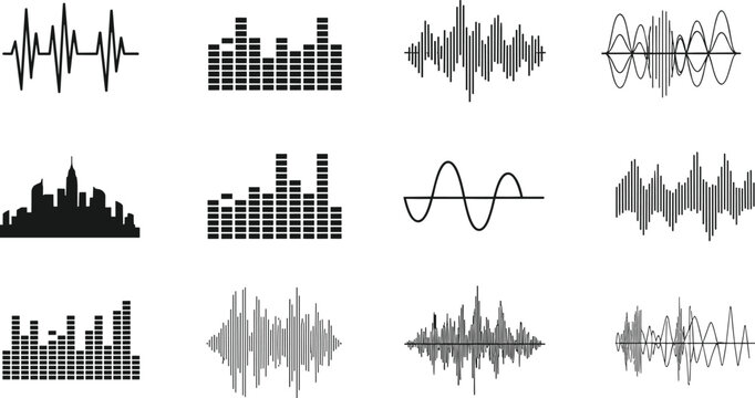 Vector collection of black minimalist audio waveform icons featuring sound waves equalizer bars digital signal patterns and music rhythm symbols isolated on white background