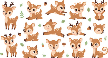 Obraz premium Cute Baby Deer Character Illustration Set Featuring Cartoon Fawns Running, Sitting, Jumping, and Playing with Forest Nature Elements.