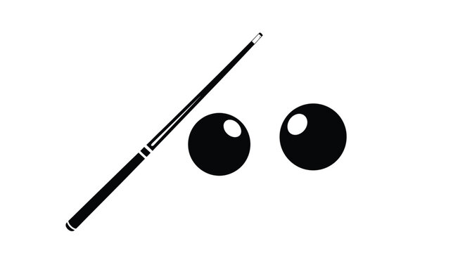 Minimalist depiction of billiard balls and a cue stick in black and white