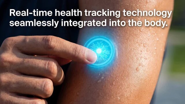 A person is holding a blue button on their arm. The button is a health tracking device that is seamlessly integrated into the body. This technology allows for real-time monitoring of health data