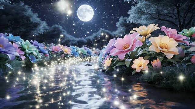 Moonlit River Corridor Framed by Vibrant Night-Blooming Flowers and Full Moon
