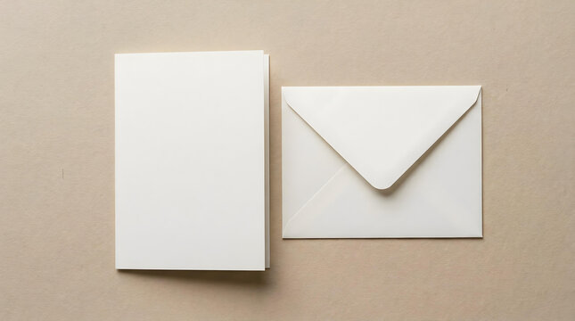 Photorealistic Minimal Blank Greeting Card with Envelope on Beige Surface