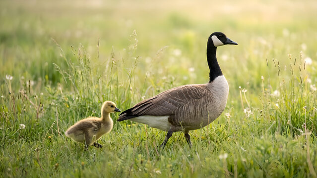 Adventurous Goose Parent and Gosling in a Lush Meadow