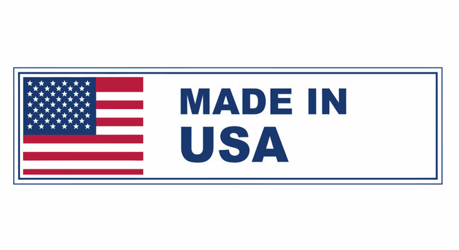 A rectangular label prominently features the American flag alongside bold text proclaiming 'MADE IN USA' for product origin labeling.
