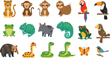 Fototapeta premium Cute Jungle Animals Vector Illustration Set Featuring Leopard, Monkey, Sloth, Parrot, Toucan, Chameleon, Frog, Anteater, Snakes, and Tropical Birds.