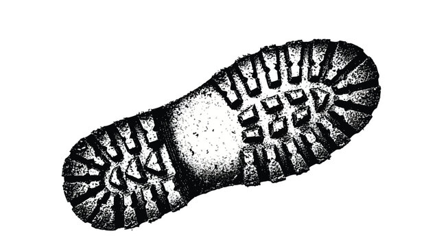 A black and white illustration of a shoe sole with a detailed tread pattern isolated on white background