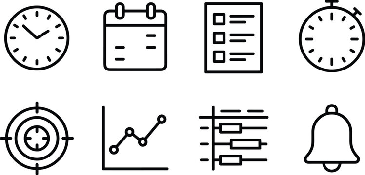 Time Management and Productivity Outline Icon Set with Clock Calendar Checklist Timer Chart and Notification
