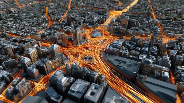 City Network: An abstract aerial view showcases a dynamic network of interconnected pathways weaving through a futuristic cityscape.
