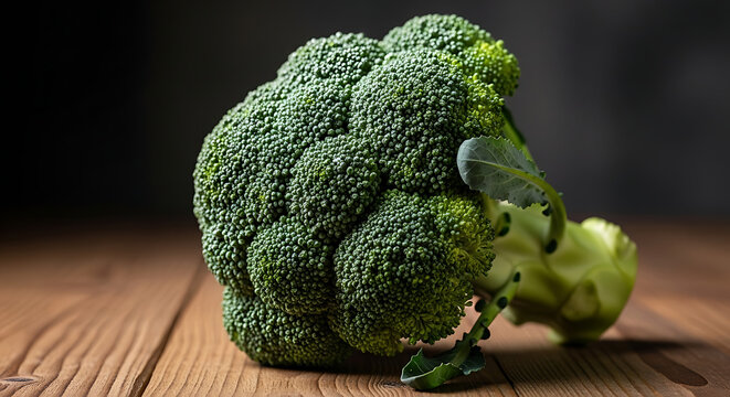 Close-up of a fresh, organic head of broccoli on a wooden surface