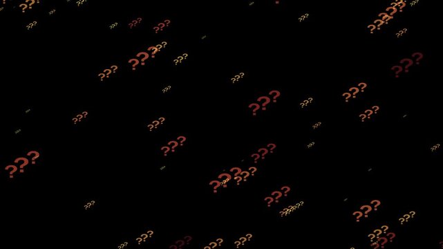 Scattered small red and orange question marks of varying opacity and size against a dark black background creating a sense of mystery and inquiry with a subtle gradient effect