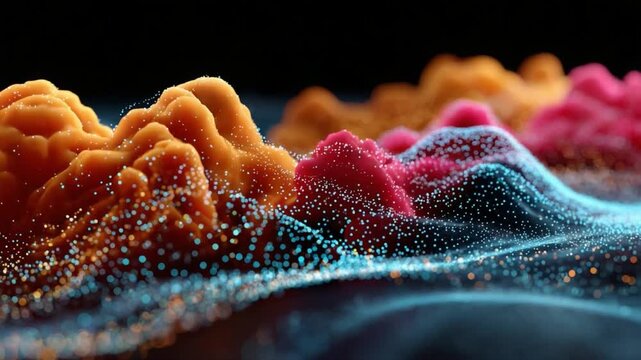 Abstract Colorful Landscape: An eye-level, captivating shot showcases an abstract landscape of undulating forms, adorned in vibrant hues and glistening with tiny particles.
