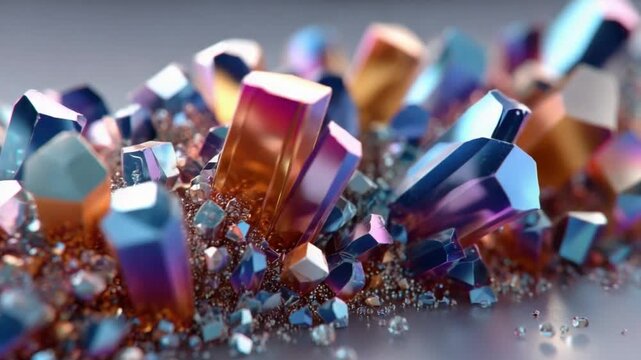 Crystals in Focus: A stunning cluster of colorful crystals, each facet gleaming with intricate detail, is captured in close-up, revealing the natural beauty of the minerals.
