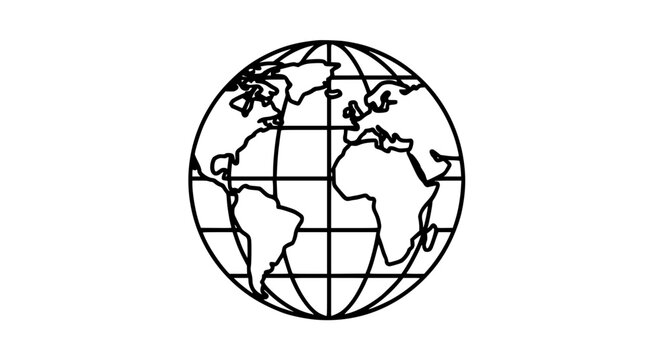 Globe icon with black lines and grid pattern on white background featuring earth, world, map with illustration and