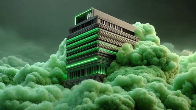 Modern Fortress in the Clouds: An enigmatic modern building stands amidst an ethereal sea of billowing green, its sleek design contrasting with the surrounding surreal, vaporous environment.