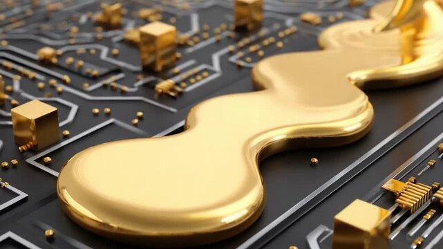 Gold Flow on Circuit Board: A high-angle perspective showcases a golden, flowing stream of liquid gold gracefully meandering across a sleek circuit board.