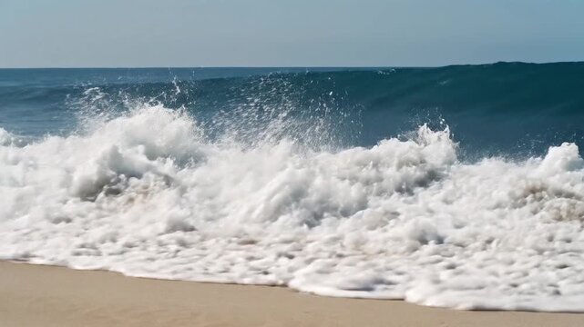 Powerful Ocean Waves Crashing on Sandy Beach Under Cloudy Sky.