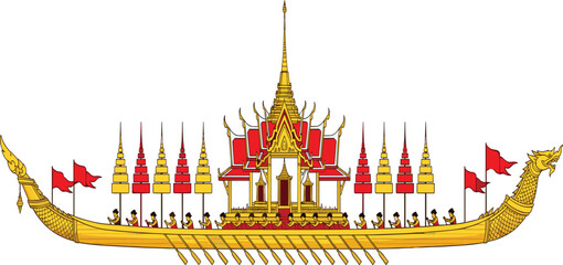 Traditional Thai Royal Barge Illustration with Ornate Temple Pavilion and Rowers in Golden Boat for Cultural Festival, Heritage Design, and Historical Artwork Projects © AB