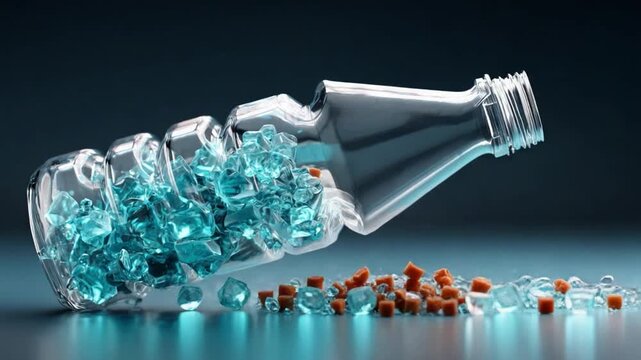 Bottled Refreshment: A transparent plastic bottle spills out a cascade of icy blue cubes and scattered wooden corks, symbolizing a refreshing moment.