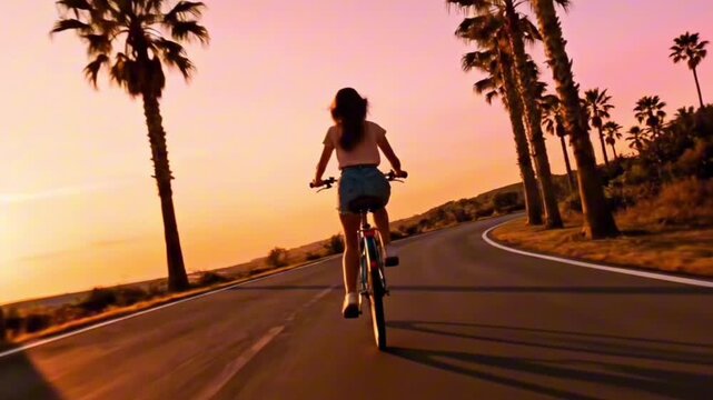 Young Woman Riding Bicycle on Coastal Road with Palm Trees at Sunset