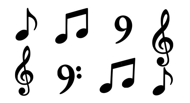 Music notes set with treble clef, bass clef, quavers, and rests in black color featuring quaver, eighth note, rest with