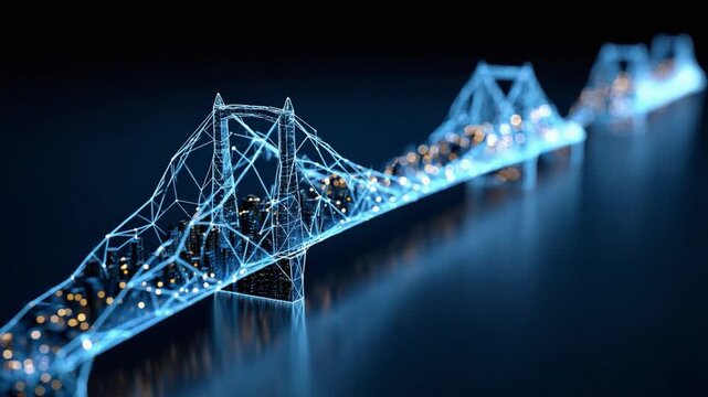 Digital Bridge: Illuminated by a soft glow, an innovative digital representation of a bridge, seamlessly connects technology and infrastructure, sparking curiosity and contemplation.